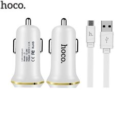 Hoco Z1 2in1 Kit Авто DC 12-24V Два USB Гнезда 2.1A Зарядка + USB на Micro USB 1m Кабель Белый цена и информация | Зарядные устройства для телефонов | 220.lv