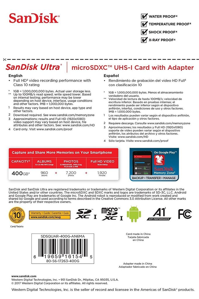 Atmiņas kate Sandisk 400GB Ultra Android microSDXC + SD Adapter + Memory Zone App 100MB/s A1 Class 10 UHS-I cena un informācija | Atmiņas kartes mobilajiem telefoniem | 220.lv