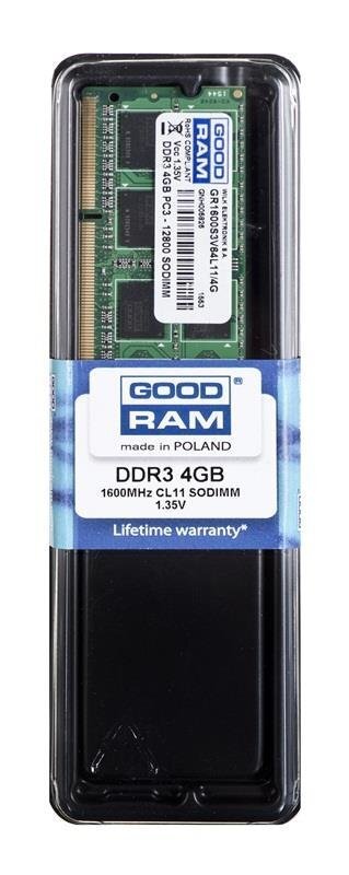 GoodRAM DDR3L SODIMM 4 GB 1600MHz CL11 (GR1600S3V64L11S/4G) cena un informācija | Operatīvā atmiņa (RAM) | 220.lv