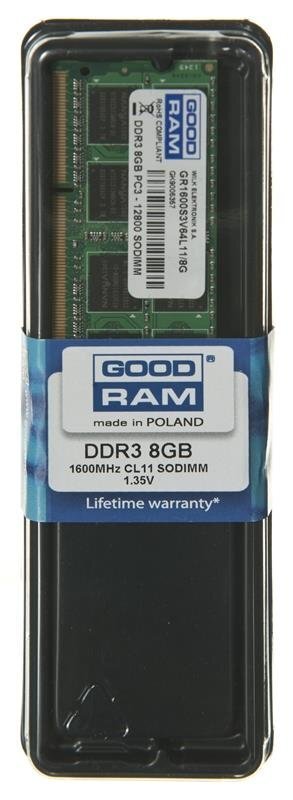 GOODRAM SO-DIMM DDR3 8192MB PC1600 CL11 512x8 1,35V cena un informācija | Operatīvā atmiņa (RAM) | 220.lv
