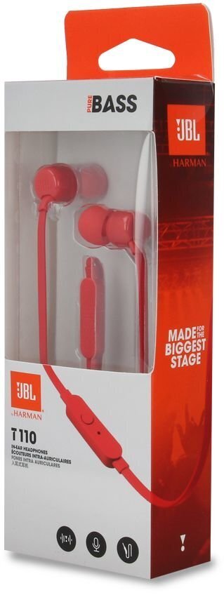 JBL T110 austiņas ar mikrofonu / 3,5 mm / sarkanas (EU blisteris) cena un informācija | Austiņas | 220.lv