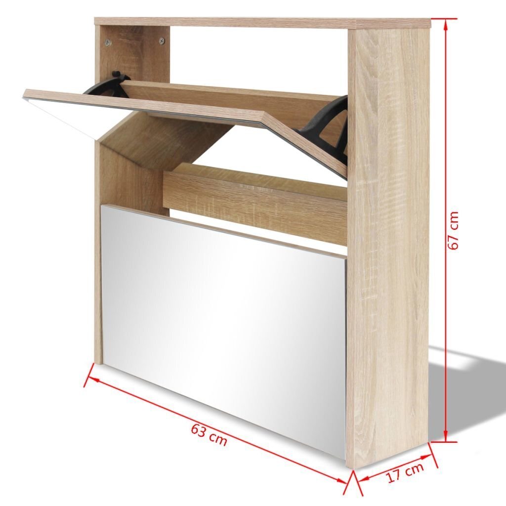 Apavu kaste, 2 līmeņi ar spoguļiem, ozolkoka krāsa, 63x17x67 cm cena un informācija | Apavu skapji, apavu plaukti, priekšnama soliņi | 220.lv