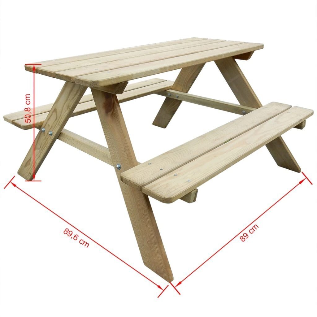 vidaXL bērnu piknika galds, 89 x 89,6 x 50,8 cm, priedes koks cena un informācija | Dārza galdi | 220.lv
