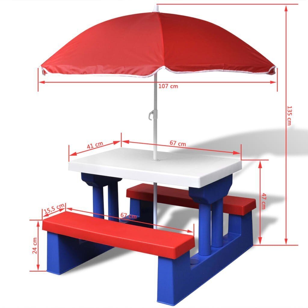 vidaXL bērnu piknika galds ar soliem un saulessargu, daudzkrāsains cena un informācija | Dārza mēbeles bērniem | 220.lv