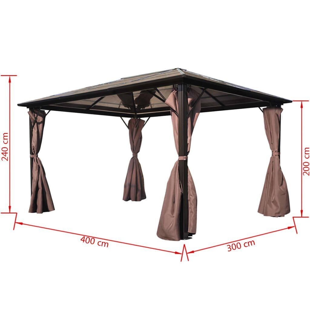 vidaXL dārza nojume ar aizkariem, 400x300 cm, brūns alumīnijs cena un informācija | Dārza nojumes un lapenes | 220.lv