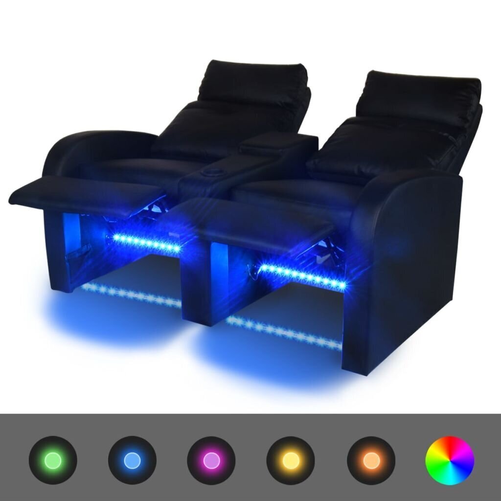 vidaXL atgāžams atpūtas dīvāns ar LED, divvietīgs, melna mākslīgā āda cena un informācija | Dīvāni | 220.lv