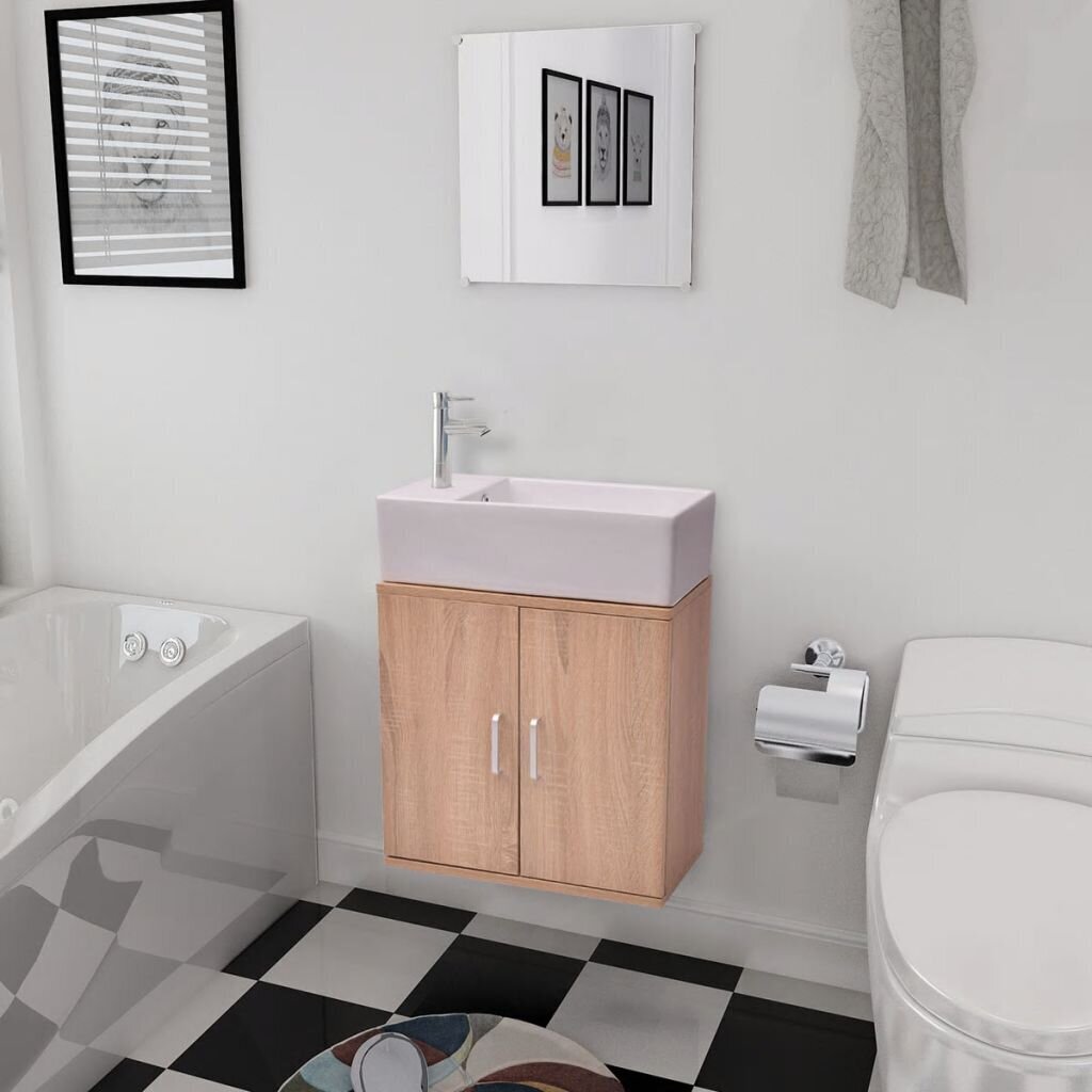 vidaXL vannas istabas mēbeles un izlietne, 3 gab., bēšā krāsā cena un informācija | Vannas istabas mēbeļu komplekti | 220.lv