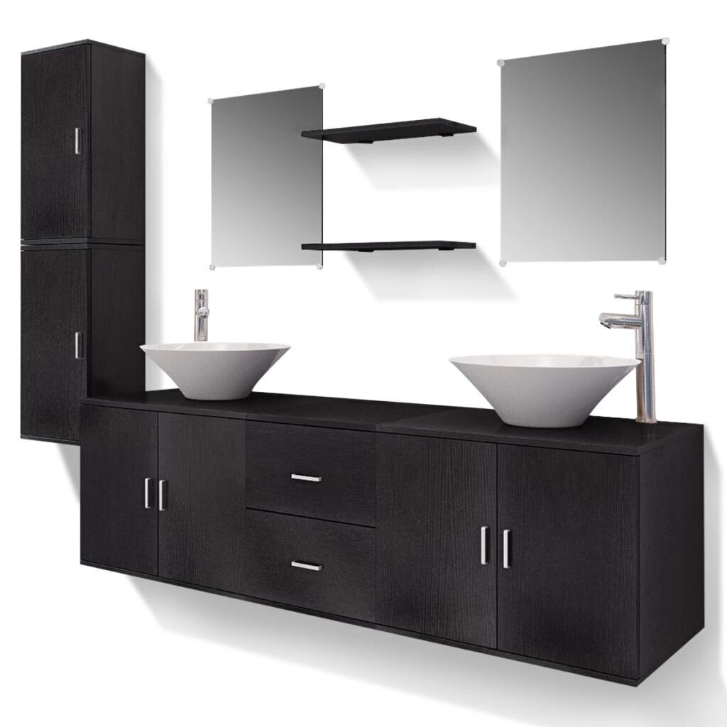 vidaXL vannas istabas mēbeles, izlietnes un krāni, 11 gab., melns cena un informācija | Vannas istabas mēbeļu komplekti | 220.lv