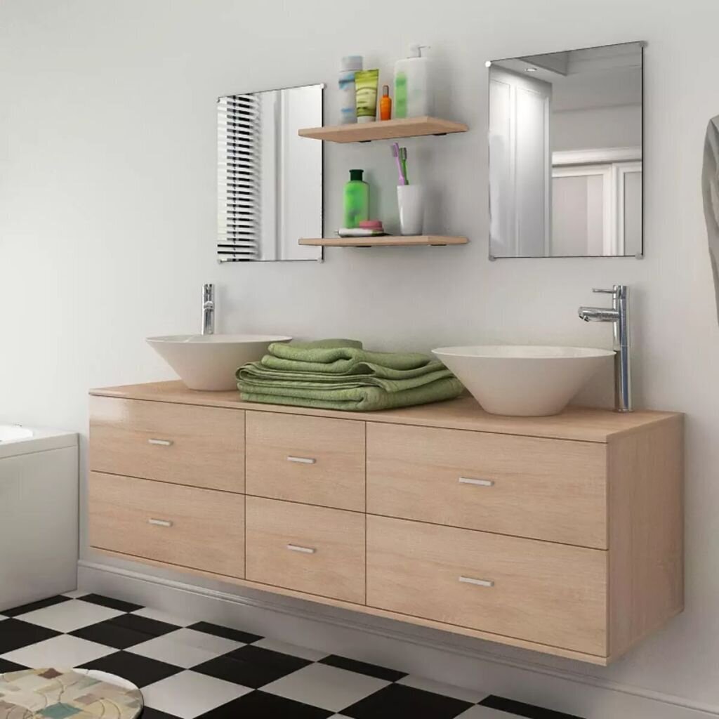 vidaXL vannas istabas mēbeles, izlietnes un krāni, 9 gab., bēšā krāsā cena un informācija | Vannas istabas mēbeļu komplekti | 220.lv