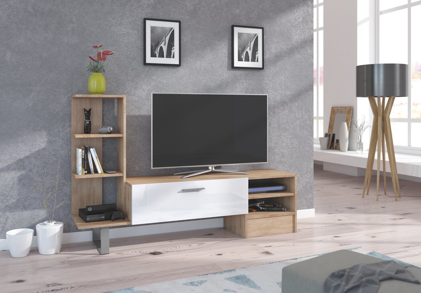 TV galdiņš ar plauktiem York, ozola/baltas krāsas цена и информация | TV galdiņi | 220.lv