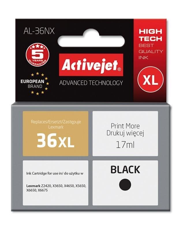 Activejet AL-36NX tinte Lexmark printerim; Lexmark 36XL 18C2170E nomaiņa; Augstākā; 17 ml; melns cena un informācija | Tintes kārtridži | 220.lv
