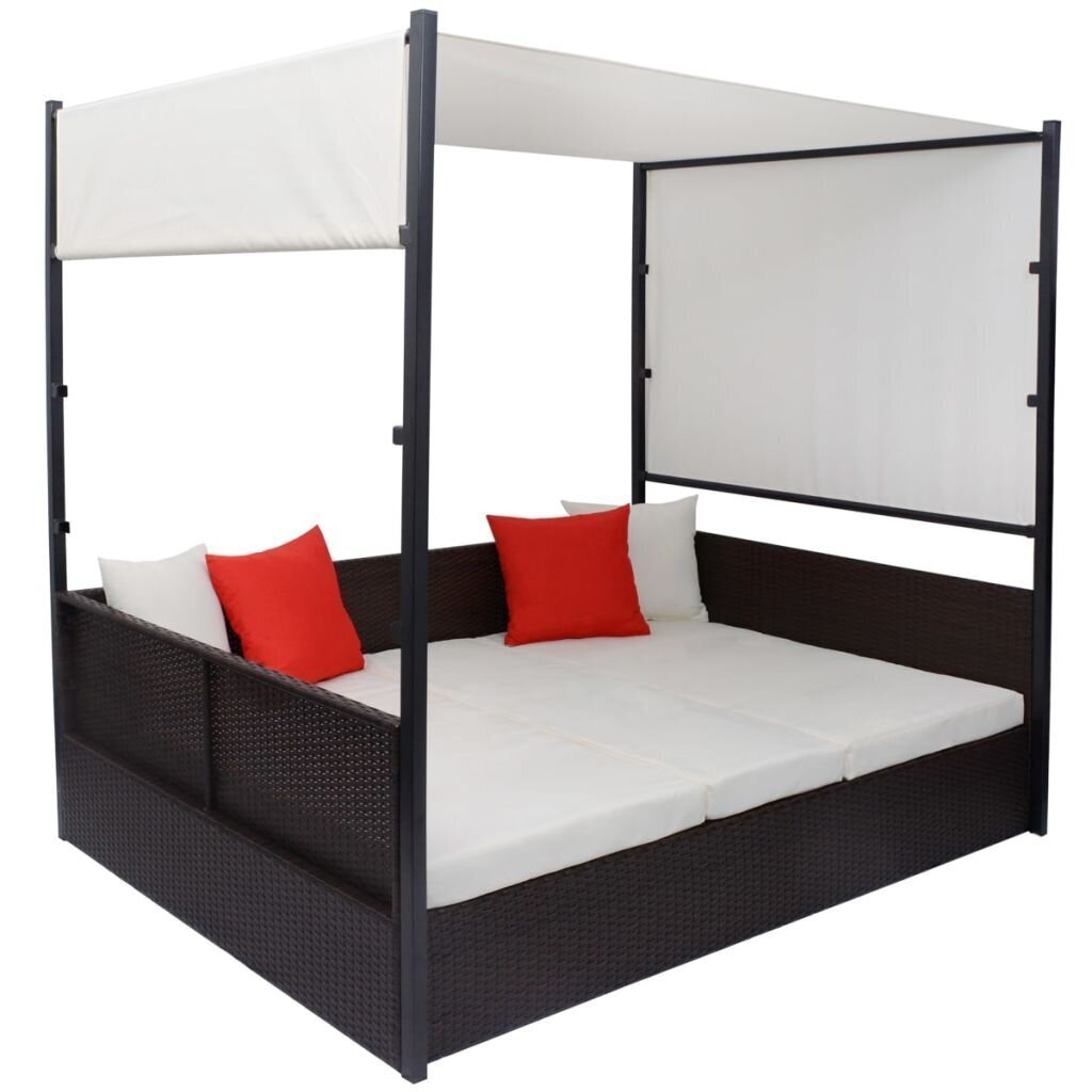 vidaXL dārza gulta ar jumtiņu, brūna, 190x130 cm, PE rotangpalma cena un informācija | Sauļošanās krēsli | 220.lv