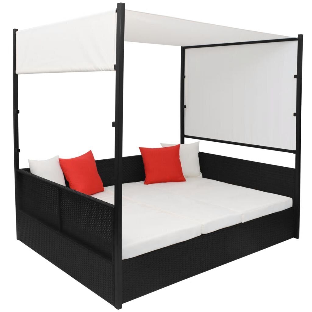 vidaXL dārza gulta ar jumtiņu, melna, 190x130 cm, PE rotangpalma cena un informācija | Sauļošanās krēsli | 220.lv