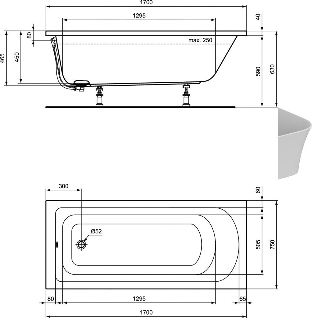 Iebūvēta akrila vanna Ideal Standard Hotline 170x75, 180x80 cm, balta. (K274601/K274801) цена и информация | Vannas | 220.lv