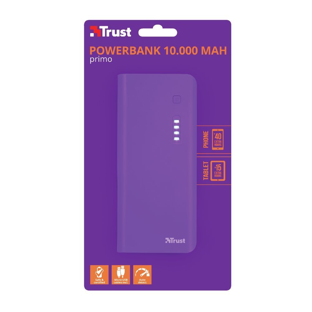 Ārējās uzlādes akumulators Trust Primo Powerbank, 10 000 mAh, 2 x USB, violets cena un informācija | Lādētāji-akumulatori (Power bank) | 220.lv