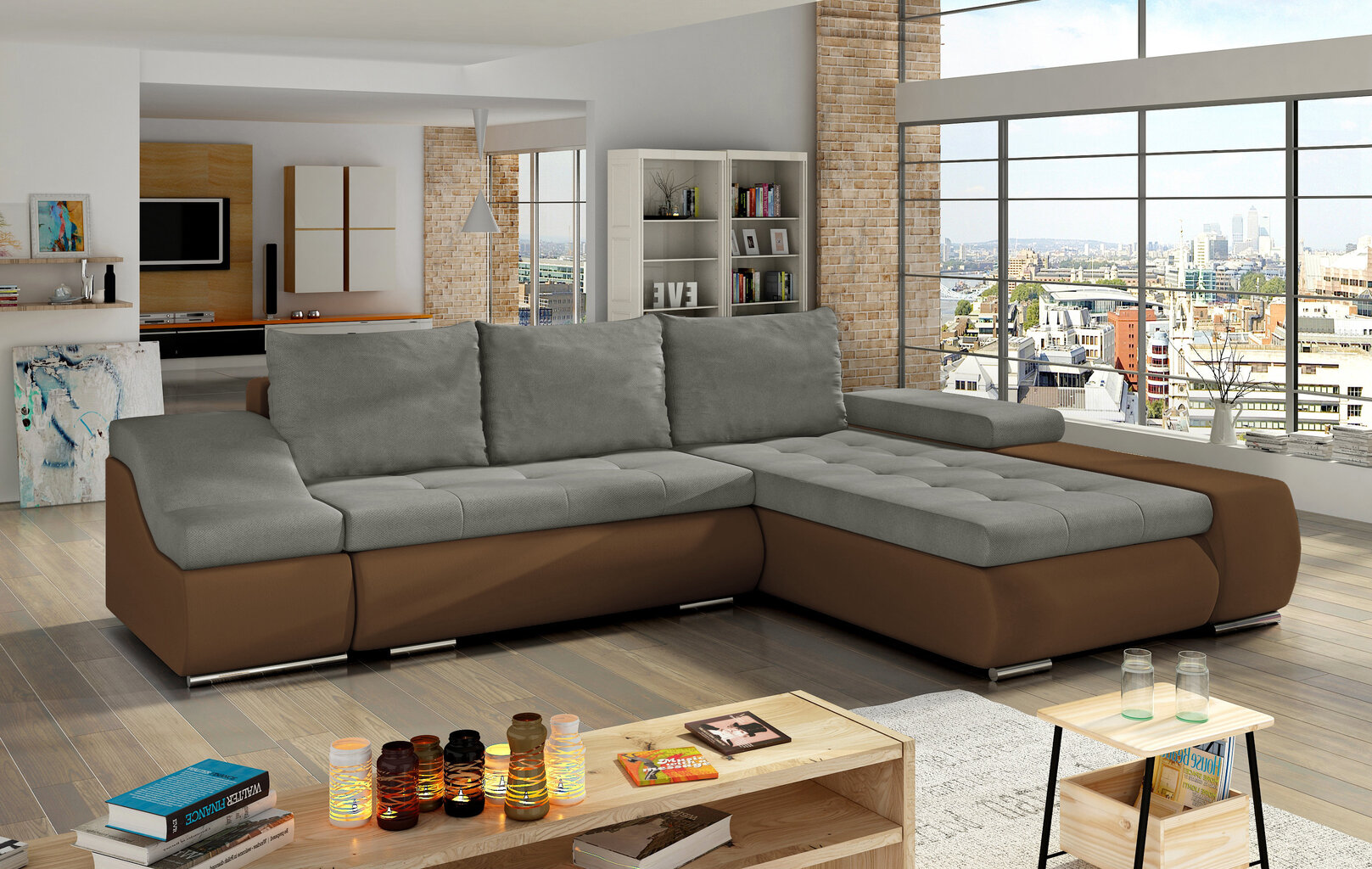 Ontario mīksts stūra dīvāns, brūns/pelēks cena un informācija | Stūra dīvāni | 220.lv