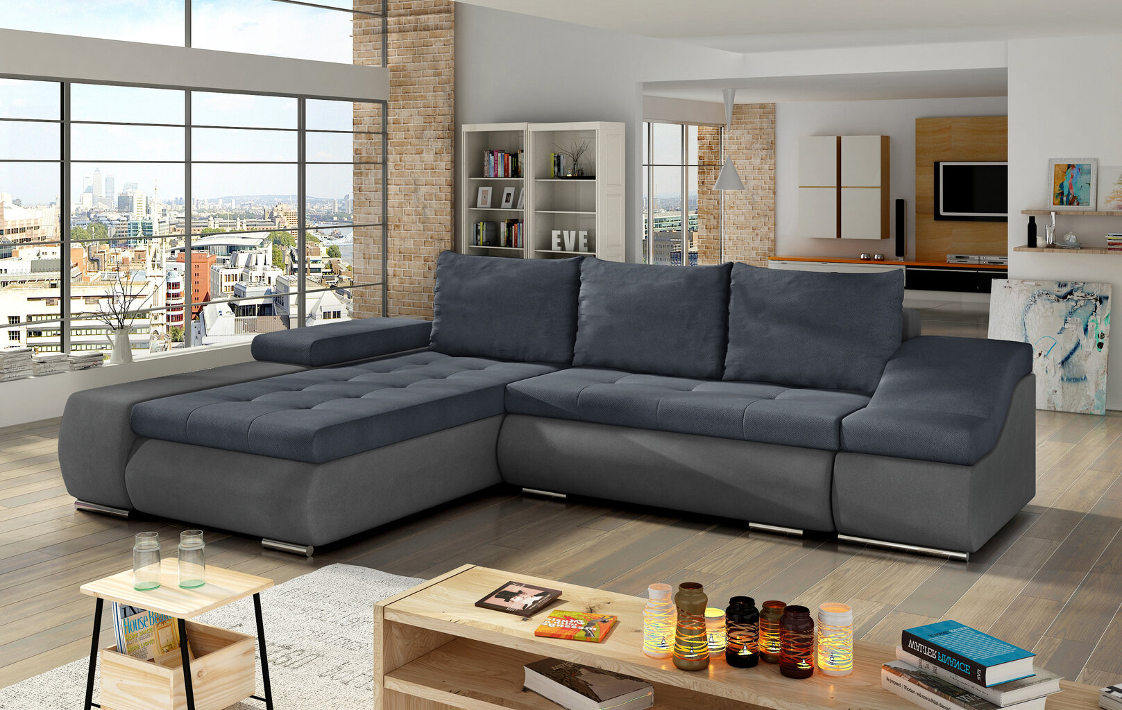 Ontario mīksts stūra dīvāns, pelēks/zils цена и информация | Stūra dīvāni | 220.lv