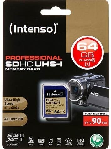 Atmiņas karte Intenso SDXC 64GB CL10 цена и информация | Atmiņas kartes fotokamerām | 220.lv