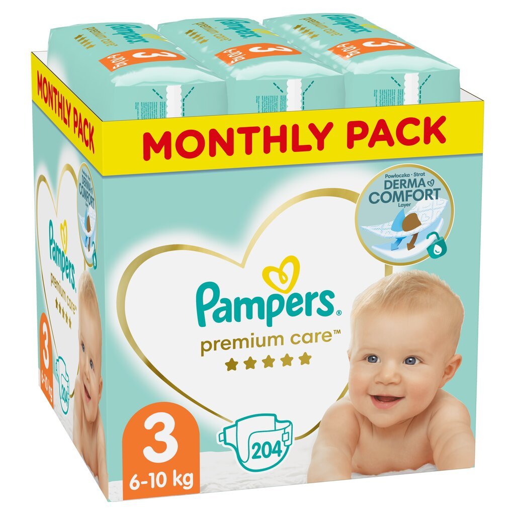 Autiņi PAMPERS Premium Monthly Pack 3 izmērs, 6-10kg, 204 gab цена и информация | Autiņbiksītes | 220.lv