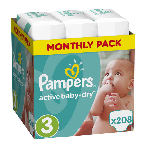 Autiņbiksītes PAMPERS Active Baby Monthly Box 3.izmērs, 208 gab. цена и информация | Autiņbiksītes | 220.lv