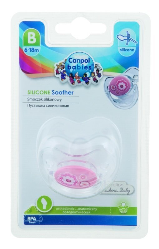 CANPOL silikonina ortodontisks knupis Newborn, 1 gab., 6-18 m 22/566 pink flowers cena un informācija | Knupīši | 220.lv