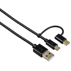 Hama 2in1 с адаптером USB-C, позолоченные контакты, экранированный, 1 м, черный цена и информация | Кабели и провода | 220.lv