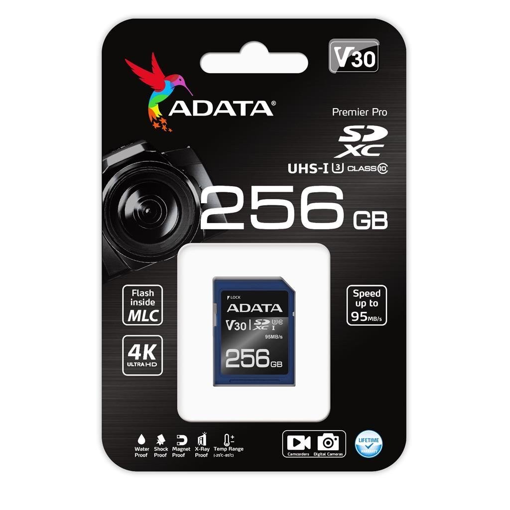 ADATA Premier Pro UHS-I SDXC, 256 GB, Flash memory class 10, U3, V30, 85 MB cena un informācija | Atmiņas kartes mobilajiem telefoniem | 220.lv