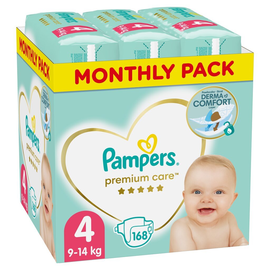 Autiņbiksītes Pampers Premium Monthly Pack 4.izmērs, 9-14kg, 168 gab. cena un informācija | Autiņbiksītes | 220.lv