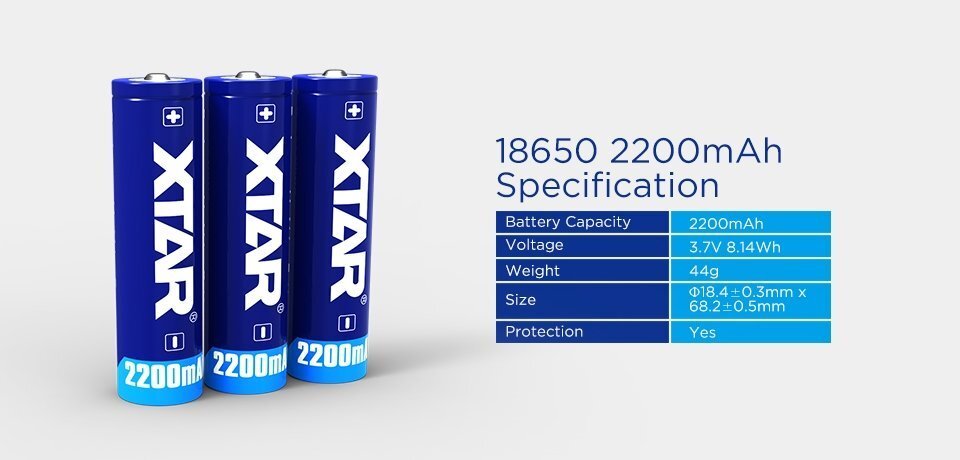 Akumulators Li-ion 18650, ar aizsardzību, 2200mAh, 3,7 V, XTAR цена и информация | Baterijas | 220.lv