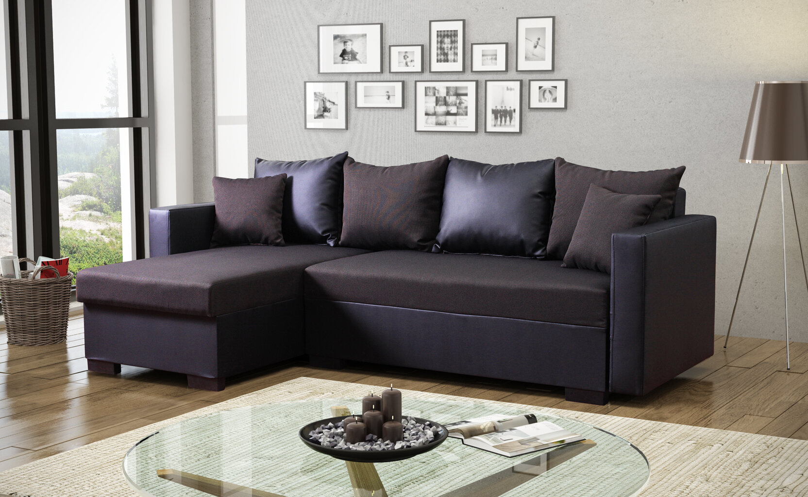 Universāls mīkstais Stūra dīvāns Karol, tumši brūns/melns cena un informācija | Stūra dīvāni | 220.lv
