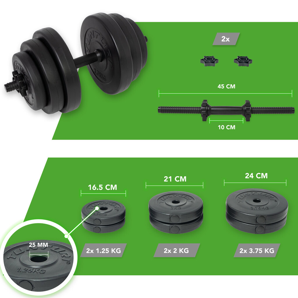 Maināma svara hantele Tunturi 15kg, pārklāta ar vinilu cena un informācija | Hanteles, svaru stieņi un diski | 220.lv