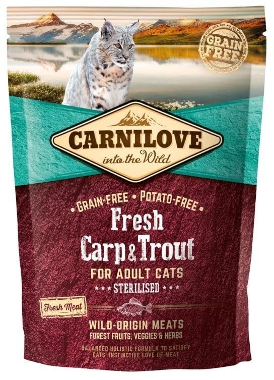 Carni Love Fresh Carp &Trout Sterilizētiem Pieaugušiem Kaķiem 0,4 Kg cena un informācija | Sausā barība kaķiem | 220.lv