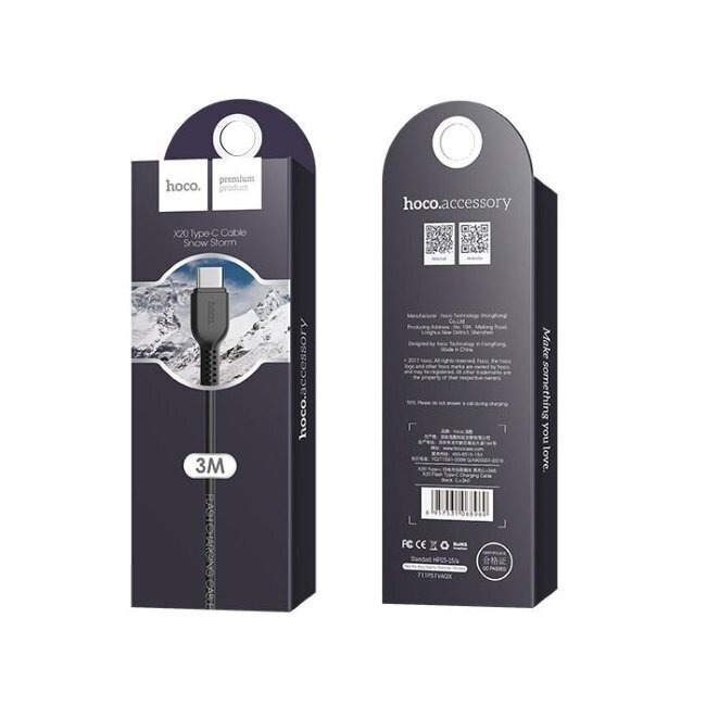 HOCO kabelis USB Flash uzlādes datu kabelis Type C X20 3 metri, melns цена и информация | Savienotājkabeļi | 220.lv