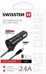 Swissten Премиум Автомобильная зарядка 12 / 24V / 2.4A с встроенным кабелем USB-C 100 cm Черная цена и информация | Зарядные устройства для телефонов | 220.lv