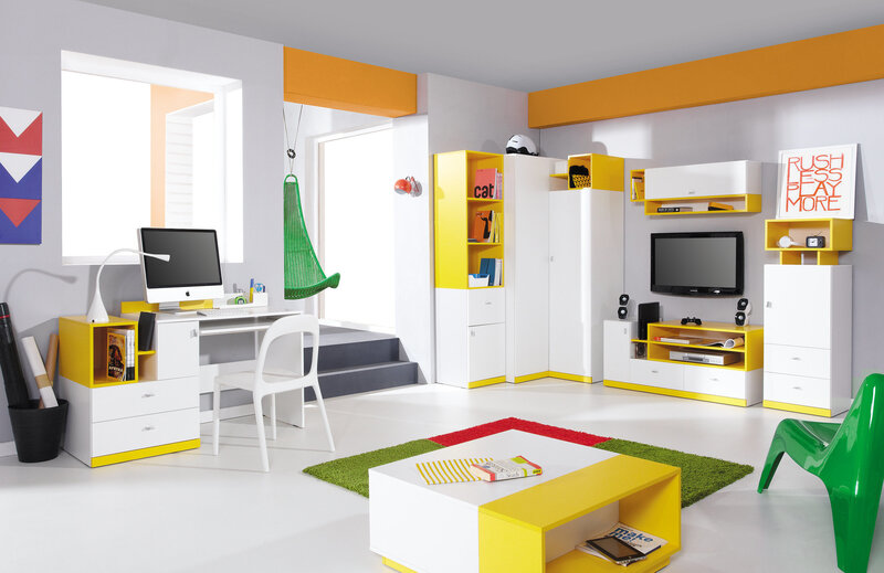Bērnu istabas mēbeļu komplekts Mobi D, balts/dzeltens cena | 220.lv