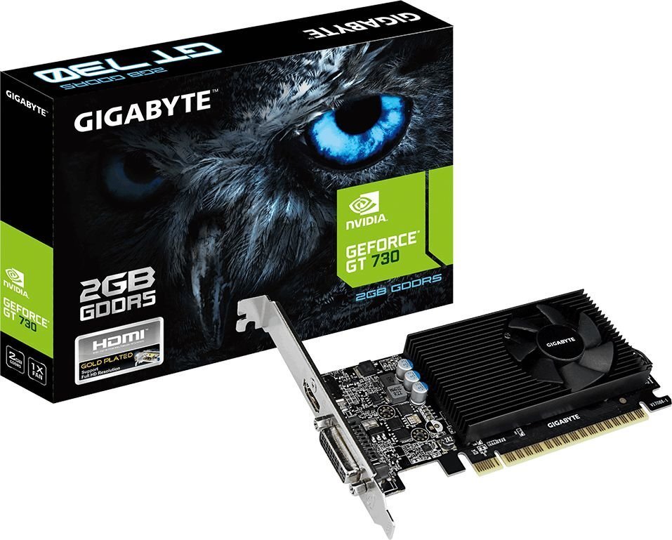 Gigabyte GeForce GT 730 2GB GDDR5 (64 bit), DVI-I, HDMI, BOX (GV-N730D5-2GL) цена и информация | Videokartes (GPU) | 220.lv