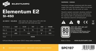 SilentiumPC Elementum E2 SI 450W (80+ EU, 1xPEG, 120mm) (SPC197) цена и информация | Блоки питания (PSU) | 220.lv