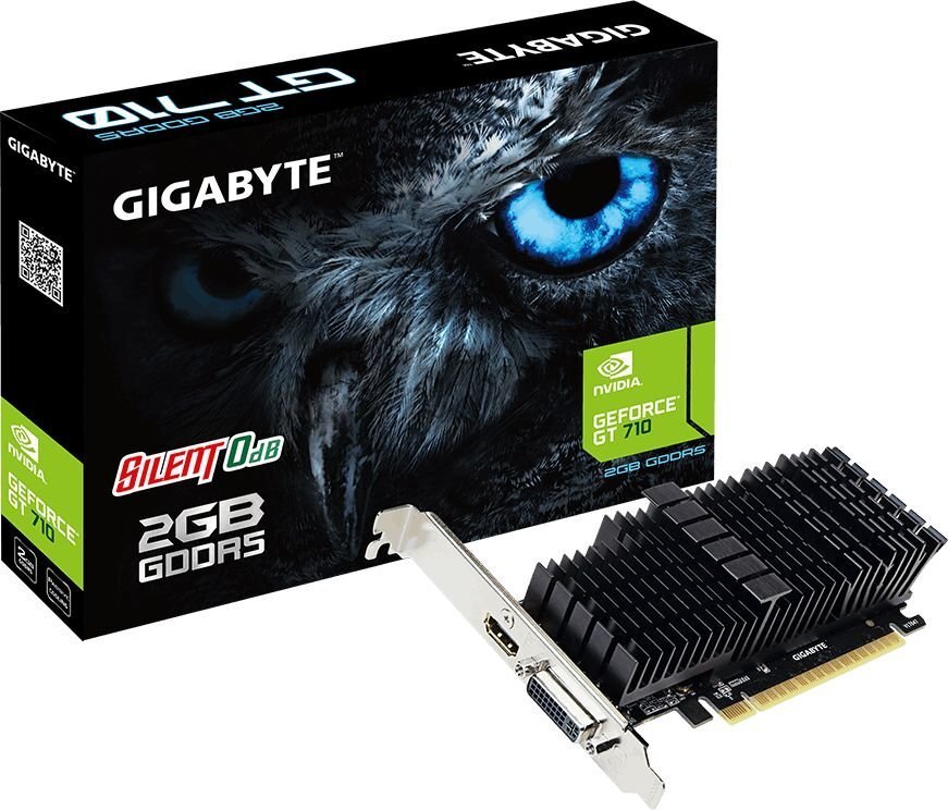 Gigabyte Low Profile NVIDIA, 2 GB, GeForce GT 710, GDDR5, PCI Express 2.0, Processor frequency 954 MHz, HDMI ports quantity 1, Memory clock speed 5010 MHz cena un informācija | Videokartes (GPU) | 220.lv