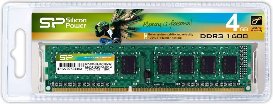 Silicon Power 4GB 1600MHz DDR3 CL11 (SP004GBLTU160N02) cena un informācija | Operatīvā atmiņa (RAM) | 220.lv