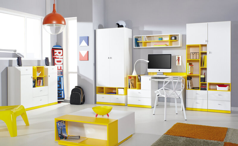 Bērnu istabas mēbeļu komplekts Mobi A, balts/dzeltens cena | 220.lv