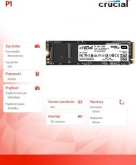 Crucial P1 500GB M.2 PCIe NVMe (CT500P1SSD8) cena un informācija | Iekšējie cietie diski (HDD, SSD, Hybrid) | 220.lv