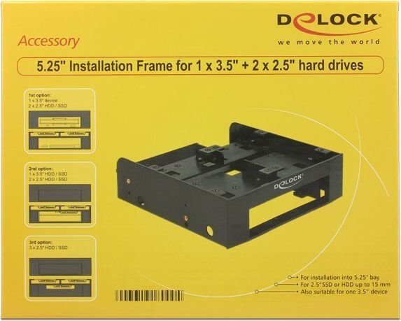 Delock 5.25″ Installation Frame for 1 x 3.5″ + 2 x 2.5″ hard drives (18000) cena un informācija | Komponentu piederumi | 220.lv