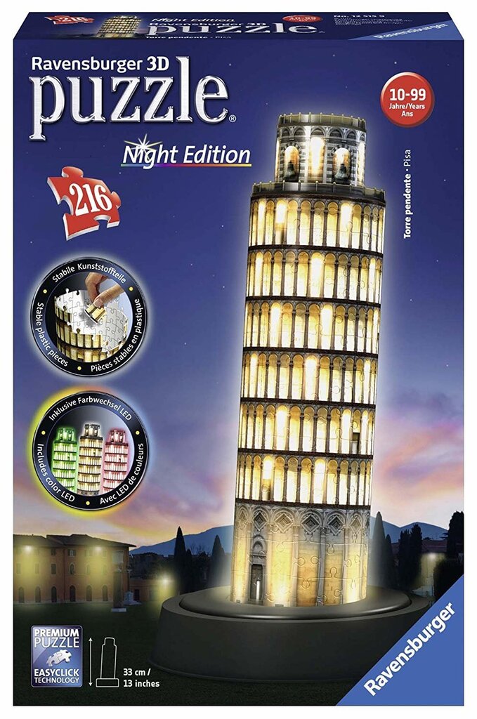 3D izgaismota LED puzle Pizas tornis naktī Ravensburger, 12515, 216 gab. cena un informācija | Puzles, 3D puzles | 220.lv