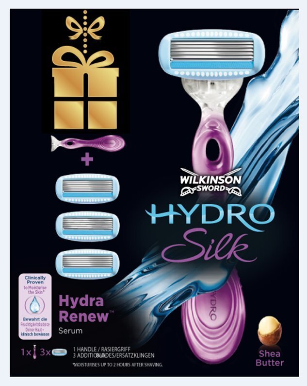 Komplekts Wilkinson Sword Hydro Silk sievietēm: skuveklis 1 gab. + skūšanas kasetes Hydra Renew 3 gab. cena un informācija | Skūšanās piederumi, kosmētika | 220.lv