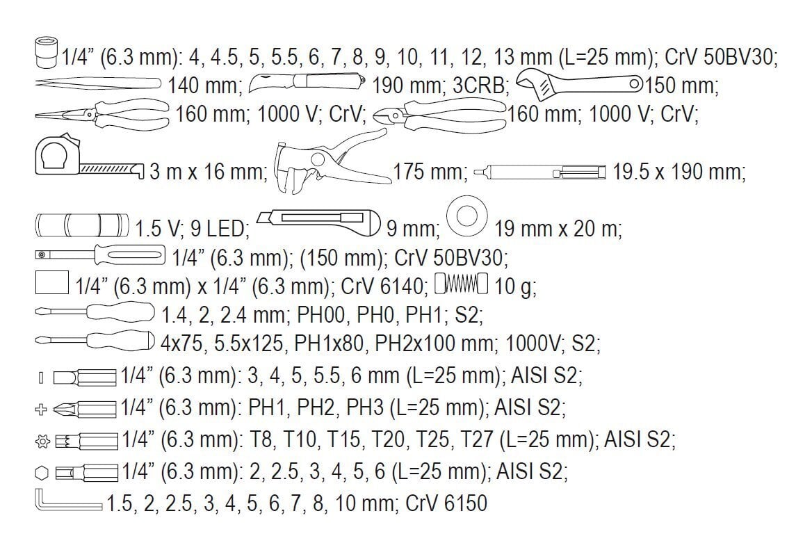 Yato elektriķa instrumentu komplekts YT-39009, 68 gab. cena un informācija | Rokas instrumenti | 220.lv