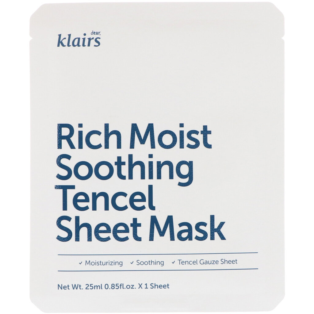 Reģenerējoša sejas maska Klairs Rich Moist Soothing Tencel 25 ml cena un informācija | Sejas maskas, acu maskas | 220.lv
