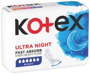 Ночные прокладки KOTEX Ultra, 6 шт. цена и информация | Тампоны, гигиенические прокладки для критических дней, ежедневные прокладки | 220.lv
