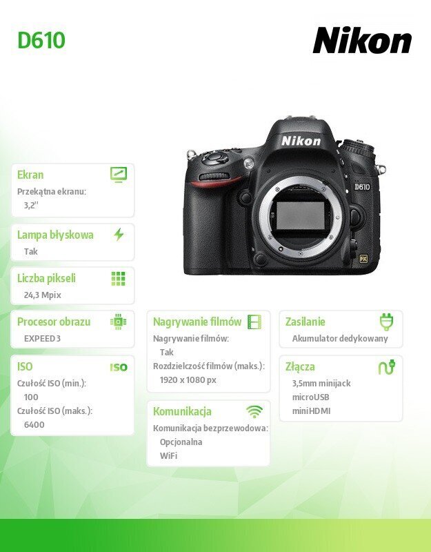 Nikon D610 Body, Melns cena un informācija | Digitālās fotokameras | 220.lv