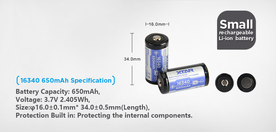 Xtar 650mAh 3,7V 16340 CR123 baterija ar PCB cena un informācija | Baterijas | 220.lv