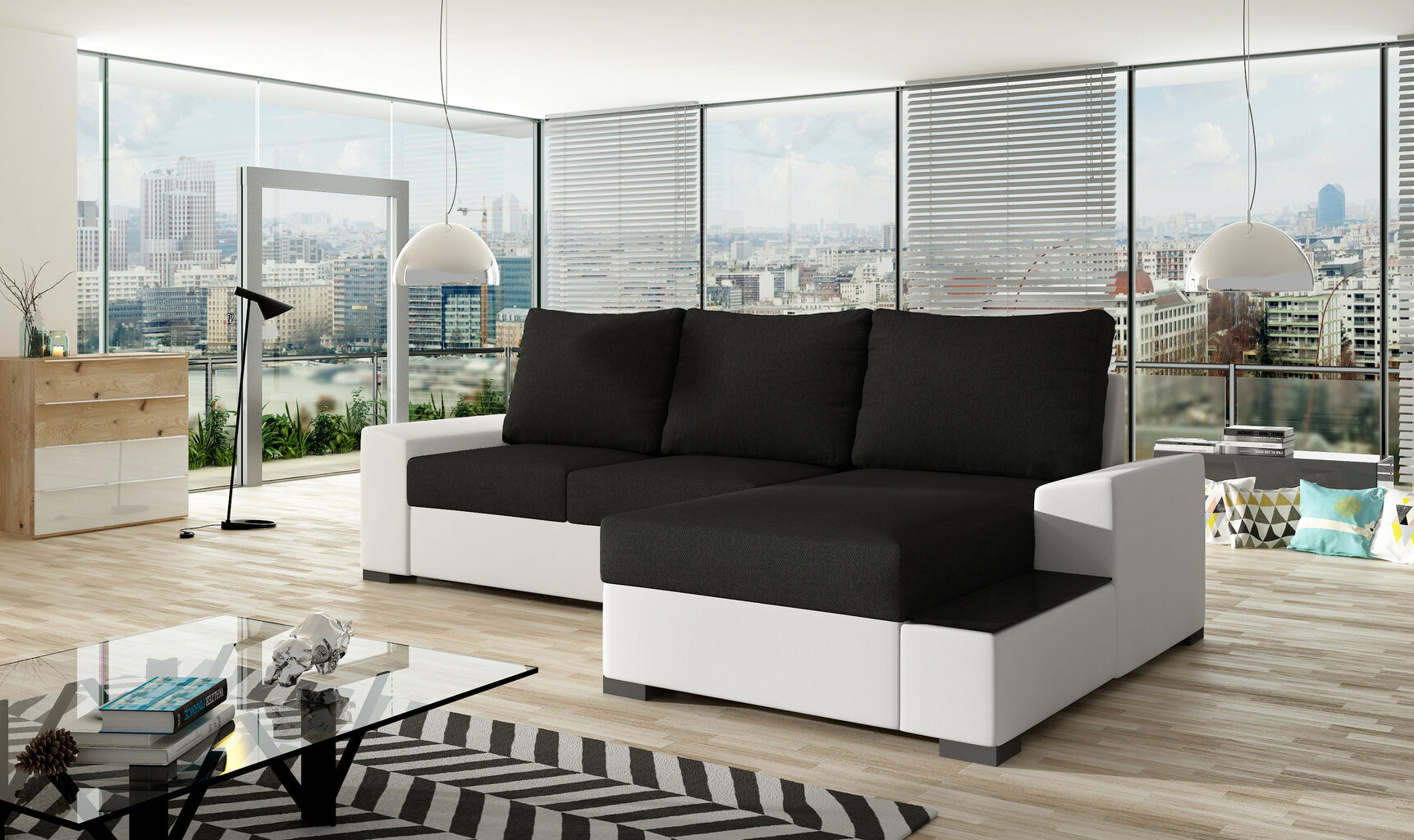 Stūra dīvāns NORE Nero, melns/balts cena un informācija | Stūra dīvāni | 220.lv